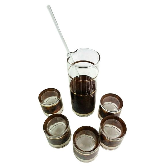 Vintage MCM Culver Barware Cocktail Pitcher Tumbler Stir Stick Set Tortoise Prin - Picture 7 of 8